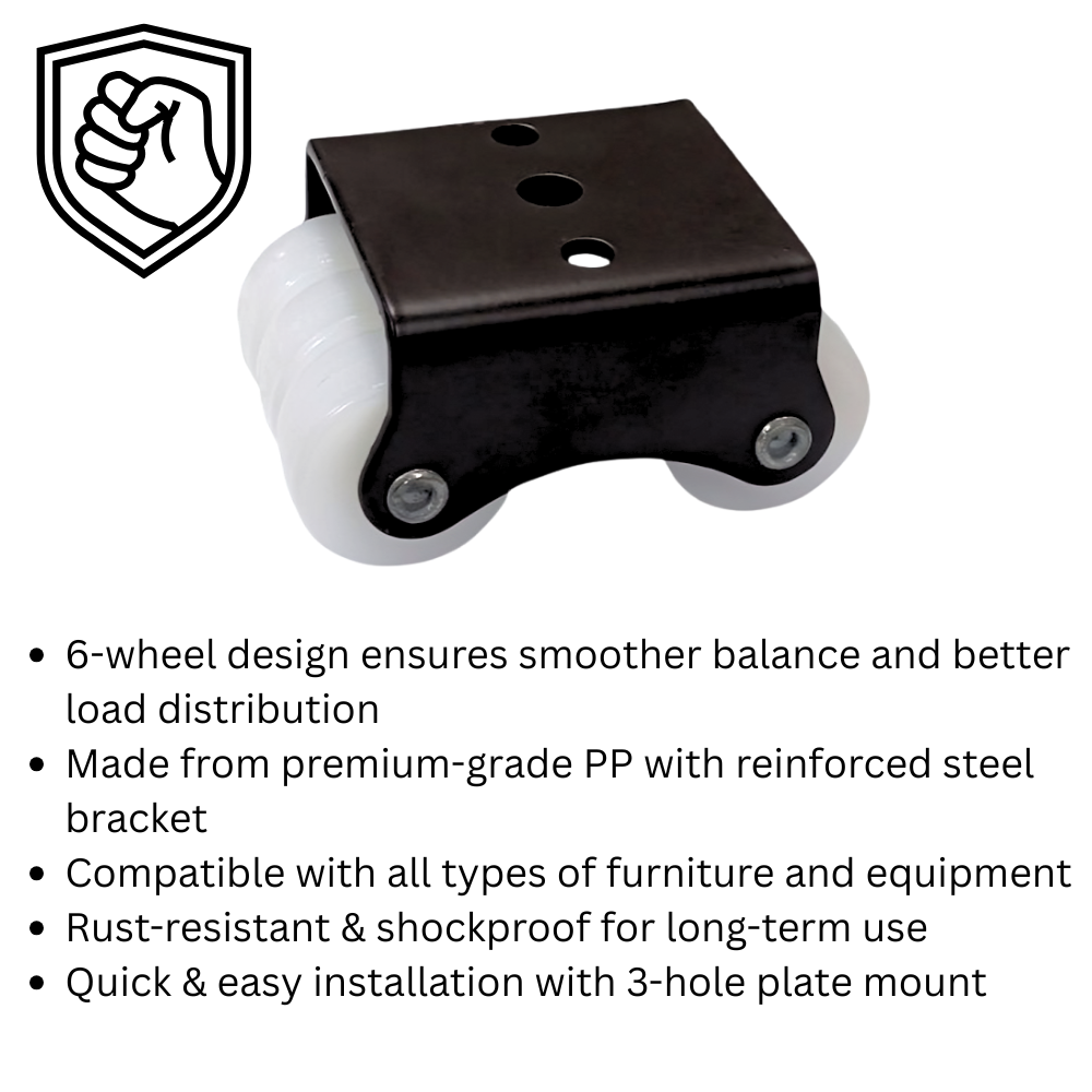Impex Fix Type Six Wheel Caster for Furniture – Heavy Duty Fixed Wheels with 3 Hole Mounting Bracket (Pack of 4) - IMPEXMART